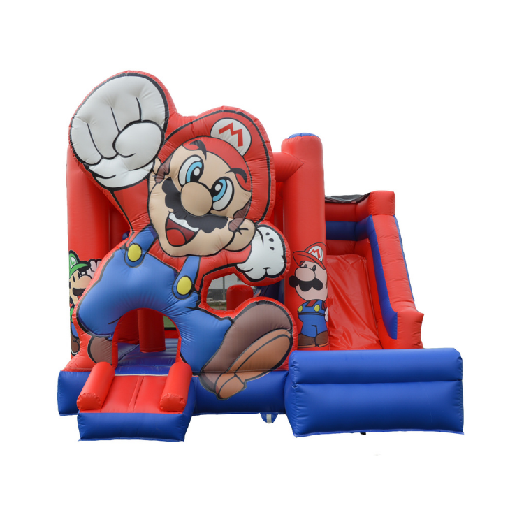 Front view of Super Mario Bounce House-themed inflatable bounce house with colorful character artwork