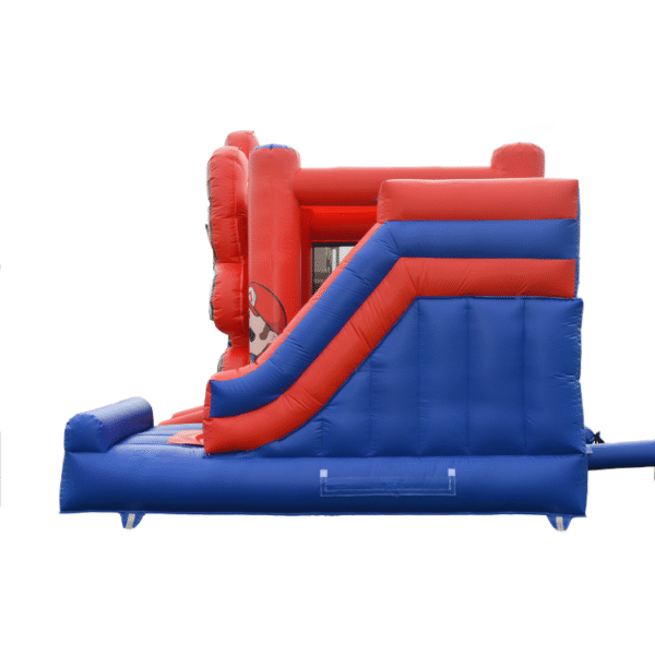 Children playing inside Super Mario-themed bounce house at outdoor party