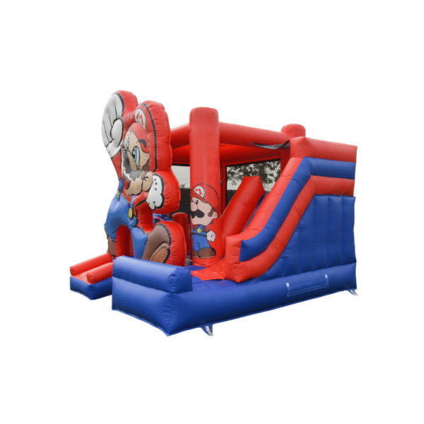 Side angle of Super Mario inflatable showing bounce area and entrance