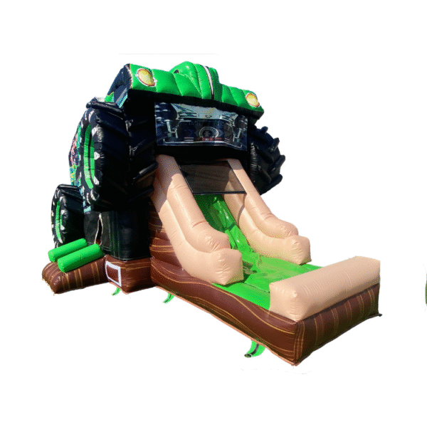 Front view of inflatable monster truck bounce house with large wheels and colorful design