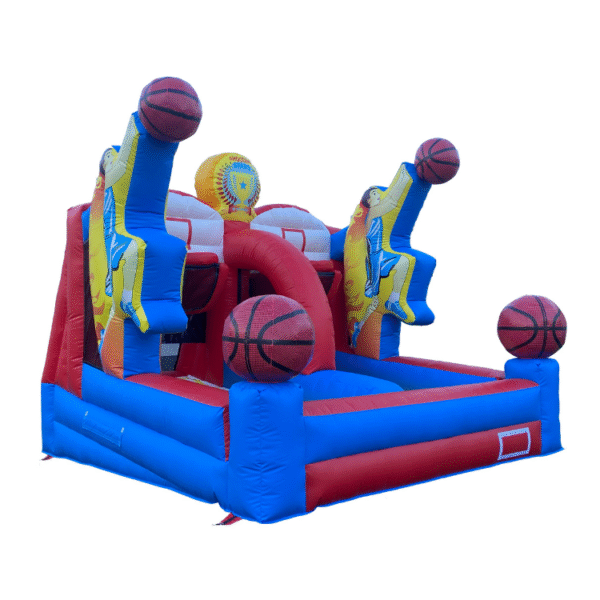 Kids playing the inflatable Double Shot basketball game at an outdoor event