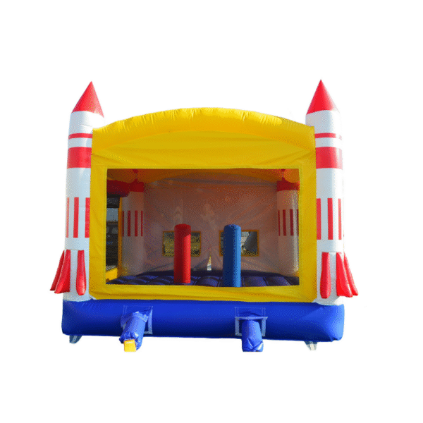 Children playing inside Astro space-themed inflatable bounce house at a party