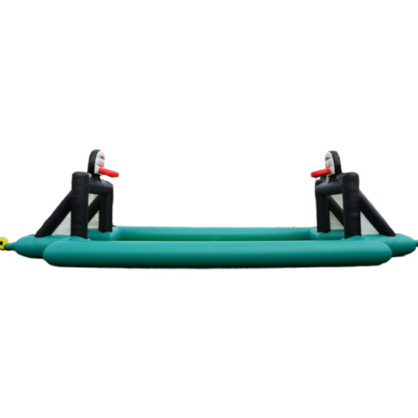 Side angle of dual-use inflatable soccer and basketball field with court markings
