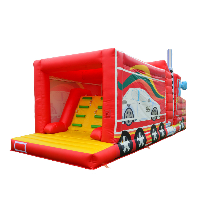 Children climbing and running through a Semi Truck Obstacle Course at a party