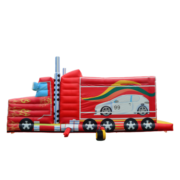 Inflatable semi-truck themed obstacle course front view, perfect for kids' parties and event rentals