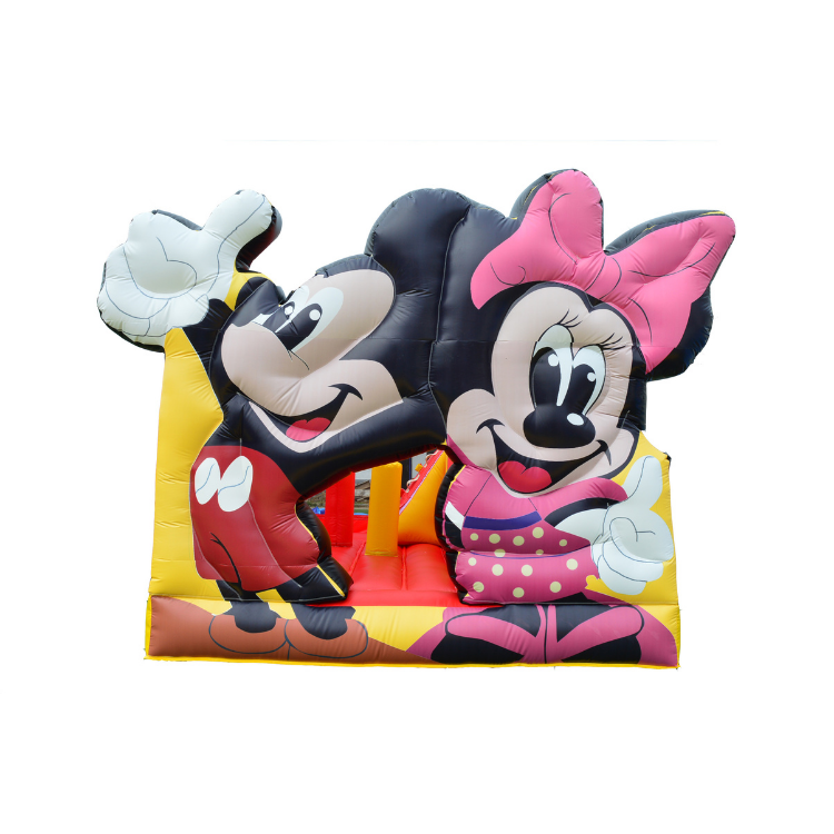 Front view of Mickey Mouse-themed inflatable bounce house with colorful design