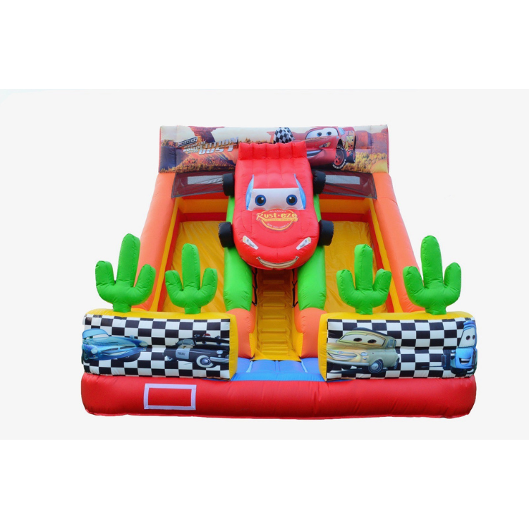 Cars Dual Lane Inflatable Slide with two side-by-side slides and vibrant race car design