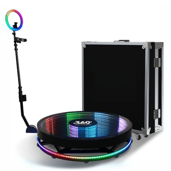360 photo booth rental with LED glass platform and rotating LED arm in Hanford