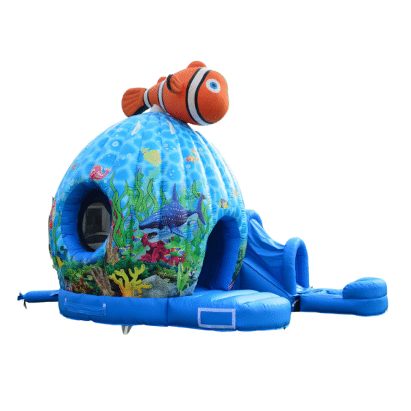 Nemo combo bounce house rental in Hanford tall 3-in-1 wet or dry inflatable with ocean theme