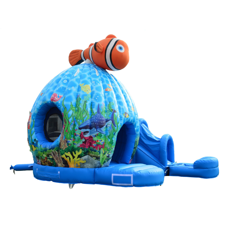 Nemo combo bounce house rental in Hanford tall 3-in-1 wet or dry inflatable with ocean theme