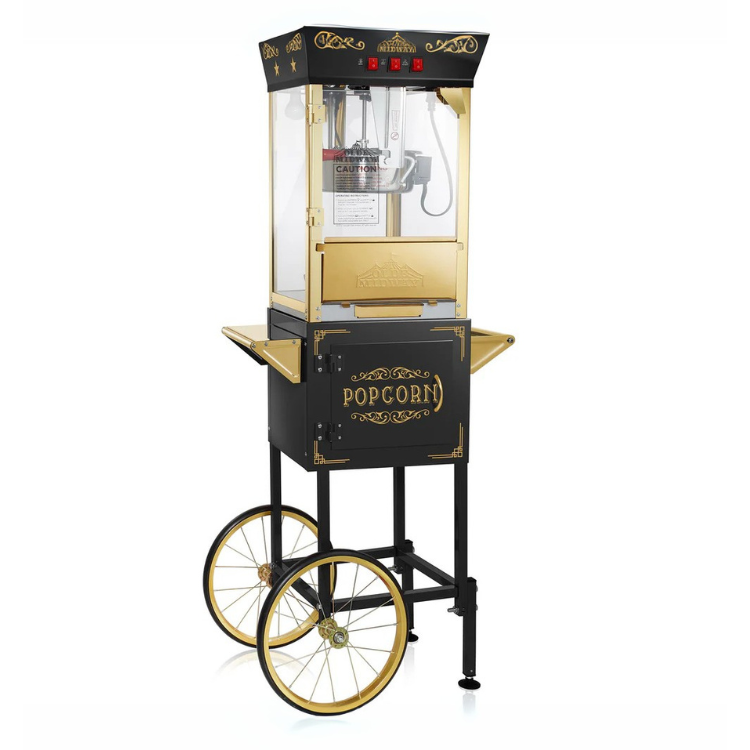Vintage black and gold popcorn machine rental in Hanford with cart and 25 bags