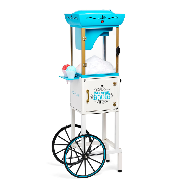 Blue and white shaved ice machine rental in Hanford with 25 snow cone cups